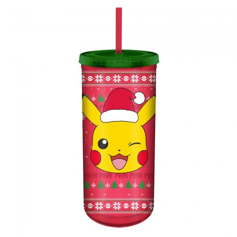 Pokemon Wink Face Holiday Sweater Travel Cup w/ Lid and Straw